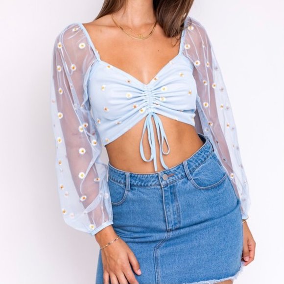 The Wild Clover Tops - ❌SOLD OUT❌ SEIZE THE DAY BLUE EMBROIDERED CROP TOP
